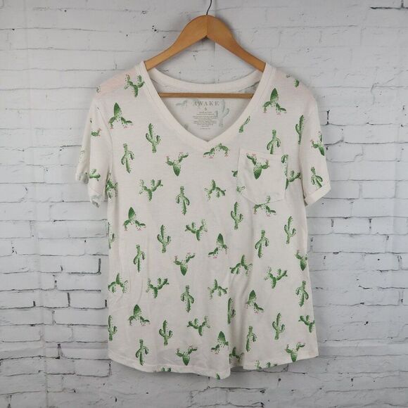 AWAKE IVORY WITH GREEN CACTUS PRINT V NECK SHORT SLEEVE SLEEP SHIRT SIZE SMALL - Picture 1 of 7
